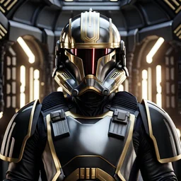 star wars bald male corellian pilot wearing pearlescent black and gunmetal grey First Order special forces heavy assault armor and helmet with gold trim inside the jedi temple, centered portrait, hyperdetailed, dynamic lighting, hyperdetailed background, 8k resolution, volumetric lighting, light skin, fully symmetric details