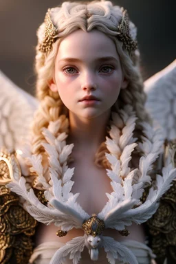 Photoreal close-up of beautiful baby girl druid with angelic features and intricate ornate in the ice mountains at sunset, forgotten realms fantasy style by lee jeffries, 8k, high detail, smooth render, unreal engine 5, cinema 4d, HDR, dust effect, vivid colors