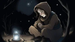 In this nocturnal context, Sarah appears as a light plane moving in the cold air to block out the starlight. She looks at the ground nervously, and her eyes reflect shyness and fear of the surrounding darkness. Sarah wears mysterious clothes and takes a crouched position, as if she is trying to hide herself from the terror of the night. She carries a small bag in her hand, a symbol of her desire to be protected and discreet. Her facial features are clearly visible, with signs of worry and cauti