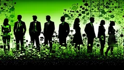 silhouettes of modern business people in a flowery green field, the silhouette is pasted with early 20th century black and white photos of damaged grainy, smoky, dirty industrial estates and business people covered with colorful financial graphicons