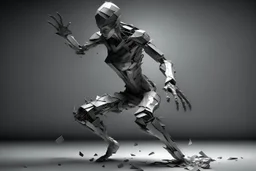 human design, breaking into pieces, threatening pose cinematic image, 16K, metallic gray tone