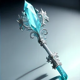 a radiant, glowing aquamarine gemstone set into a beautifully ornate silver scepter