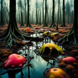 Hyperrealistic photograph, polaroid, irregular swamp, 8k, 3d render, Zdenek Burian, melting horror, tridimensional figures, intricate patterns, forest, sinister scribbles, colors, shot on Hasselblad, Yves Tanguy, 33mm photography