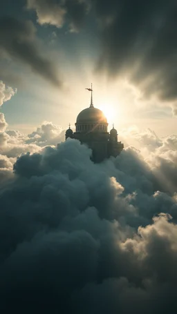 A huge the world “ SAMARRI “ above swirling clouds, emerges from the heart of a raging storm. Turbulent winds of steam swirl around the iconic structure, lit by shafts of sunlight that cast dramatic shadows on the A beautiful sun , High quality 16k cinematic scene and great photography