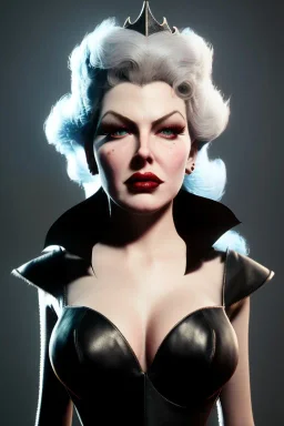 Lana Turner as evil queen in black leather, leather, busty, cleavage, angry, stern look. character design by cory loftis, fenghua zhong, ryohei hase, ismail inceoglu and ruan jia. unreal engine 5, artistic lighting, highly detailed, photorealistic, fantasy