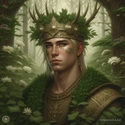 Pagan town, viking art, male, highly detailed with lush forests, green leafs, flowers, pagan temple with runes, high resolution, 24k, ornate, intricate, complex, digital painting, smooth, art by royo and tom bagshaw