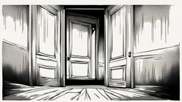unhinged door, anime, monochrome, black background, ink, simple, maximum quality