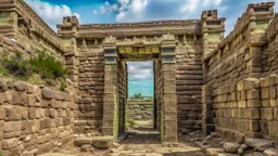 An ancient Phoenician city with a large gate , down view