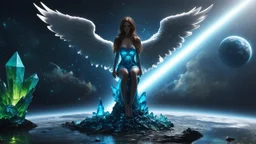 angel with a wings siting on the blue monolith made of blue tiberium crystals of lights, matrix universe, planets on the back grounds, green crystals of tiberium on the life and right