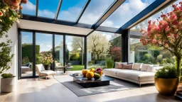 Beautiful modern luxurious minimal domestic living room, floor-to-ceiling sliding windows look out onto attractive flower gardens and fruit trees. Beautiful roof-lantern adds extra daylight and view of the sky. Room is light, comfortable, peaceful, welcoming and tasteful. The home was recently the winner of a national architecture award. Afternoon, springtime, blue sky with small clouds.