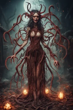 Demon girl wizard Halloween vintage girl, fullbody, feet point view, creepy, horrifying, sinister, many worms parasite creature connected to the head, sparks around her, intricate, 8k, macro photography,