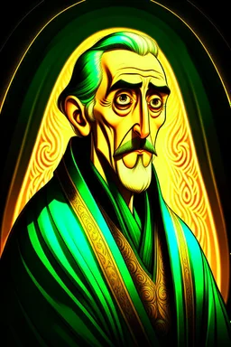 A portrait of Christopher Lee in his forties, dressed as an elven mage in expensive robes, in the style of Genndy Tartakovsky