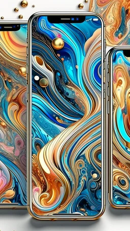 Create a visually striking iPhone wallpaper that blends abstract and natural elements. The scene should feature a vibrant, flowing mix of swirling colors and geometric patterns, with soft gradients transitioning into organic shapes like flowing water or clouds. Incorporate splashes of metallic gold or silver accents that catch the light, creating a dynamic yet serene composition. The overall aesthetic should evoke creativity, calmness, and elegance, with a modern, painterly feel.