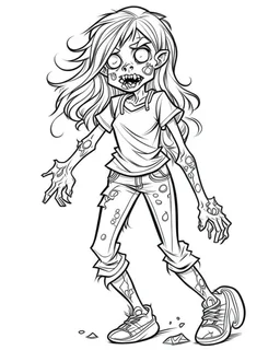 cartoon girl zombie, coloring image, full body (((((white background))))), only use an outline., real style, line art, white color, clean line art, white background, Sketch style