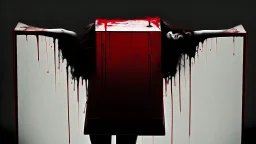 a faceless woman covered in blood holding up a black rectangular box