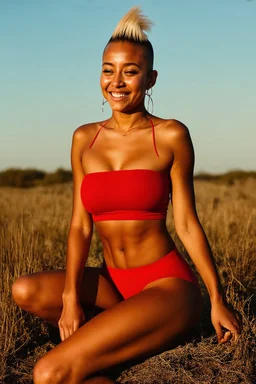 Chiaroscuro lighting, rich, deep colors, create a photorealistic portrait of 18-year-old adult woman, Sports illustrated swimsuit model, Sebrina Cashwell, with a blonde Mohawk hairstyle, wearing a modest red knit string bikini with high-waisted bottoms and a bandeau top, sitting by the Earth in the late afternoon, smiling, natural sunlight casting warm, golden light across her face revealing the texture of her skin, sharp focus on her eyes showing depth, reflection, moisture,