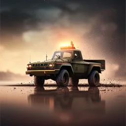 hyperrealistic shot, military toy truck, earth color palette, sharp focus, puddle reflection, tire water splash, refraction, lens flare on the horizon, shadowcast, detailed and intricate, cinematic composition, micro, tilt shift photography