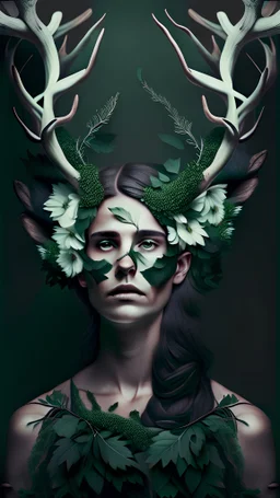 beautiful human with big deer horns made from ivy and white flowers, front facing dark smooth colors, forest green background,