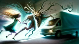 wispy evil lovecraftian looking ghost of deer chases drunk lady from her Budget Moving Van