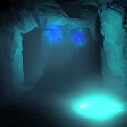 hologram of a shield in a dark cave,fantasy style