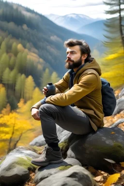 A tired unshaven geologist is sitting on a rock with a flask of water in his hand, his eyes radiate joy behind him, the autumn forest is visible behind the forest, mountains are visible in the haze.