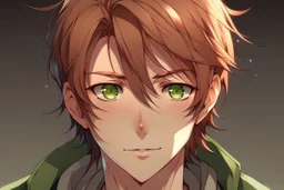 Young man with messy auburn hair and green eyes anime