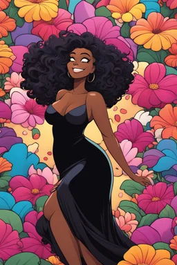 A sassy thick-lined comic style cartoon black female lounging lazily on her side, surrounded by colorful large flower petals. her curvy body silhouette a black maxi dress. Looking up coyly, she grins widely, showing teeth. Her poofy hair forms a mane framing her confident, regal expression.