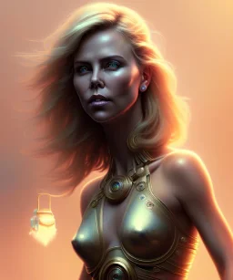 Charlize Theron, cute, beautiful, big breast, Native American, head and shoulders portrait, 8k resolution concept art portrait by Greg Rutkowski, Artgerm, WLOP, Alphonse Mucha dynamic lighting hyperdetailed intricately detailed Splash art trending on Artstation triadic colors Unreal Engine 5 volumetric lighting, long hair, brown eyes, black hair, clean face