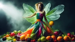 Dramatic dynamic photo of fruit woman in salad dress, Igor Morsky inspired photo in Sophie Delaporte style, beautiful fairy model, volumetric lighting, bright colors, exciting
