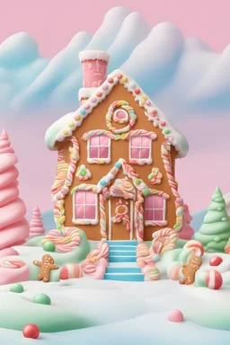 Highly realistic digital illustration of a pop art of a house made of gingerbread, frosting and candy. Candyland landscape style of Eleanor Abbott in a Christmas theme, nostalgic cartoon style, pastel bright palette, giclee, Faber-Castell Polychromos, Lisa frabk, suessical