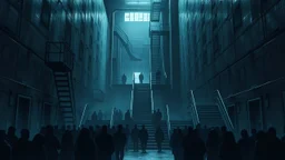 Many Stairs between walls, metallic doors, and buildings in bleak prison, underneath many black human silhouette, dark blue and gray colors, cold, grim vibe, high detailed, surreal, dark, cinematic