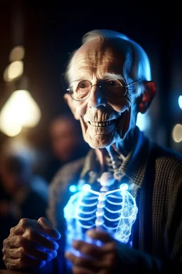 portrait of flashy transparent old man showing of his glowing skeleton, zeiss prime lens, bokeh like f/0.8, tilt-shift lens 8k, high detail, smooth render, down-light, unreal engine, prize winning