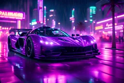a glowing purple Zonda car zooming through the streets of a neon lit futuristic miami at night and in the rain 8k hyperrealistic