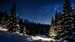 close up,fir forrest scenery,forest,night,snow,riverside,lanterns,fir tree,night