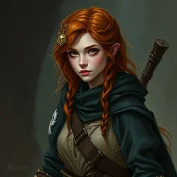a pretty fantasy woman, young, ginger hair, adventurer, dark fantasy art