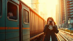 An industrial scene depicting a freight train moving through a cityscape, with a Black male engineer working on the train and an Eastern European female taking photographs of it, showcasing the hustle of urban life., mutted teal and terracota color scheme, redscale, red light leaks, warm, bright sunlight