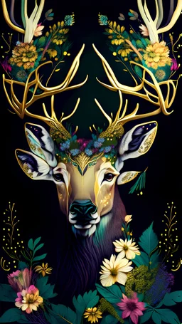 beautiful white man deer with big horns made from beautiful colorfully flowers and gold flower pattern on face, front facing dark smooth colors, forest green background,