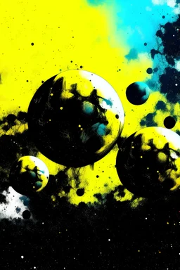 A3 format spray paint three planets with nebula in the background all in yellow tint