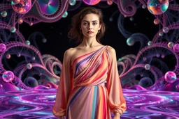 beautiful lady in sureal stage made of fractal random size sphers with helical strip colors in clothing similar to environment fullbody posing to camera