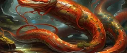 An orangish red lightning elemental eel painted by Zhang Lu