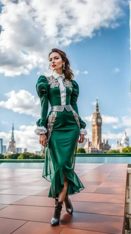 fullbody shot of girl makeup wearing a dark green-silver victorian blouse skirt with pretty boots walking in moder city of 2040 park ,flowers ,pretty clouds in blue sky,city escape.