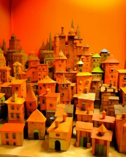 An orange colored town made out of toys painted by Paul Klee