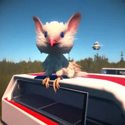 happy cute chick sitting on roof of a caravan, wreckfest, spectacular graphics, unreal