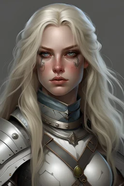 thick platinum blonde sister of battle from Warhammer 40k with blue eyes, long hair, lots of freckles on her face, no blush. realistic looking. full body portrait