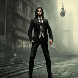 Male, Human, dark long hair, Black Eyes, Young, Hyperrealism, Full Body Shot, City Background, sharp focus, dark, black, steampunk