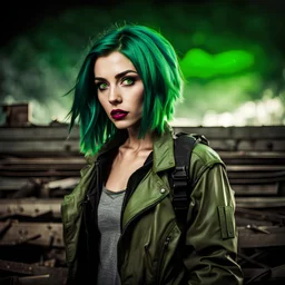 Mysterious intense attractive young female survivor in a hipster jacket, post-apocalyptic background, shoulder length hairstyle, green hair