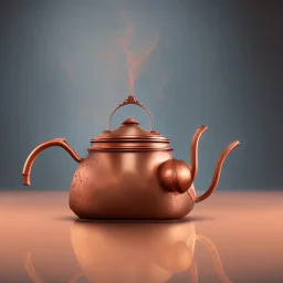 The reflection of a child on the surface of an old copper teapot