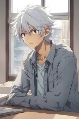 make an anime character whos a depressed high boy school student with a middle part wolf cut hairstyle whiteish grey hair tan skin looking out the window sad head on desk same build as itadori yuji