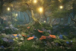 lightning sparkling flowers in floating glass balls, in forest, on lakeside in sunshine detailed matte painting, deep color, fantastical, intricate detail, splash screen, complementary colors, fantasy concept art, 8k resolution trending on Artstation Unreal Engine 5