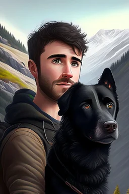 Escape to the mountains, buzzed brown hair guy and cute realistic black dog